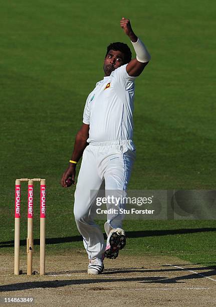 Sri Lanka bowler Thisara Perera in action during day two of the 1st npower test match between England and Sri Lanka at the Swalec Stadium on May 27,...