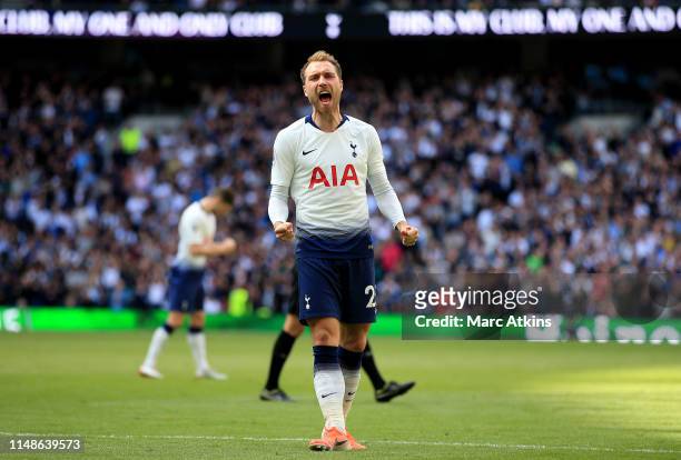 Christian Eriksen of Tottenham Hotspur celebrates after scoring his team's second goal during the Premier League match between Tottenham Hotspur and...