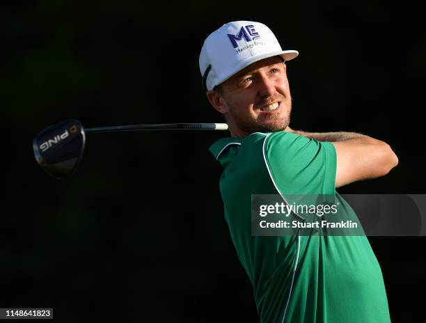 Jonas Blixt of Sweden plays a shot during the continuation of the weather delayed third round at the AT&T Byron Nelson at Trinity Forest Golf Club on...