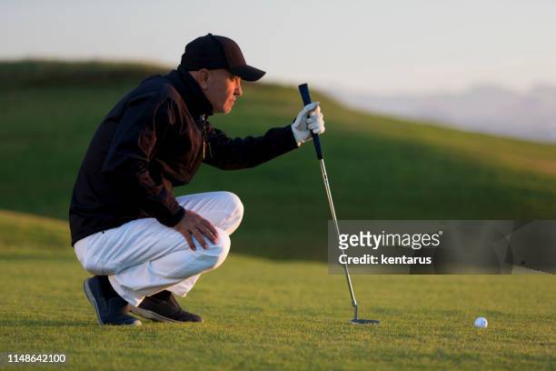 golf player looking to hole for deciding on the shot - links golf - golf putter stock pictures, royalty-free photos & images