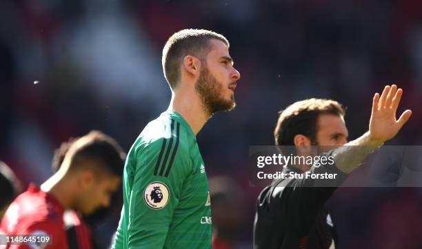 United goalkeeper David De Gea reacts after the Premier League match between Manchester United and Cardiff City at Old Trafford on May 12, 2019 in...