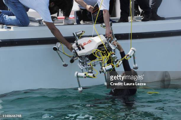 The Crab Robot in search of plastic is displayed during its very first dive in the sea off the Italian Coast at the Meloria on June 8, 2019 in...