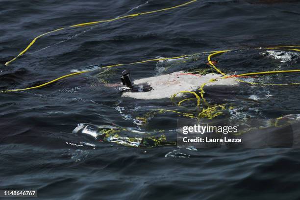 The Crab Robot in search of plastic is displayed during its very first dive in the sea off the Italian Coast at the Meloria on June 8, 2019 in...