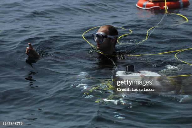 The Crab Robot in search of plastic is displayed during its very first dive in the sea off the Italian Coast at the Meloria on June 8, 2019 in...