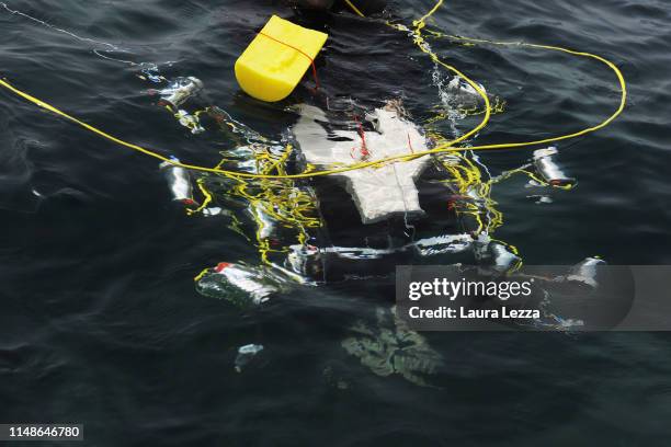 The Crab Robot in search of plastic is displayed during its very first dive in the sea off the Italian Coast at the Meloria on June 8, 2019 in...