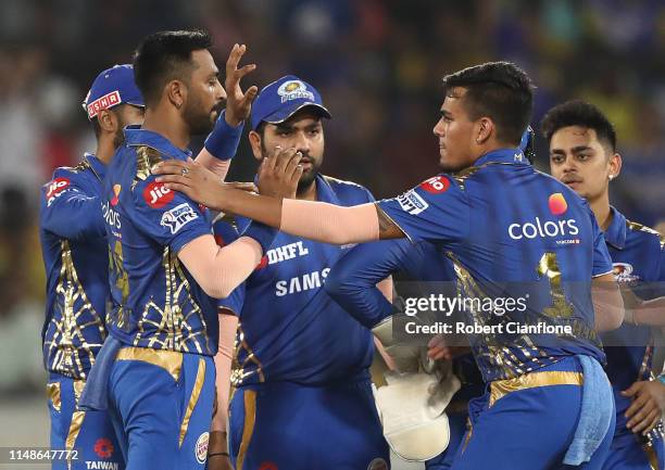 Krunal Pandya of the Mumbai Indians celebrates taking the wicket of Faf Du Plessis of the Chennai Super Kings during the Indian Premier League Final...