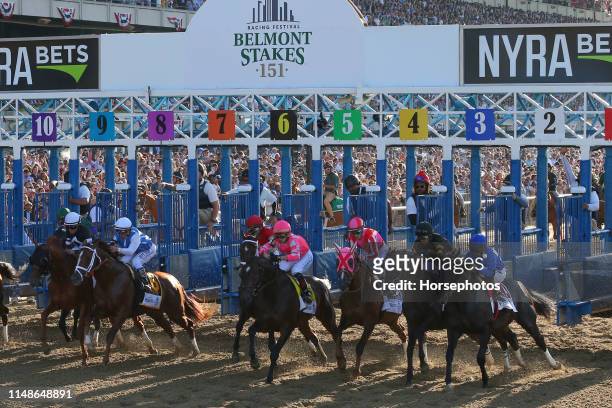 Sir Winston with Jockey Joel Rosario aboard wins the Grade I Belmont Stakes at Belmont Park Race Track on June 8, 2019 in Elmont, New York