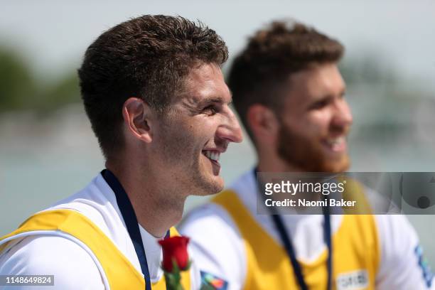Milos Vasic of Serbia poses for a photo after winning the Gold Medal in the Men's Pair final during Day Three of the World Rowing Cup 1 on May 12,...