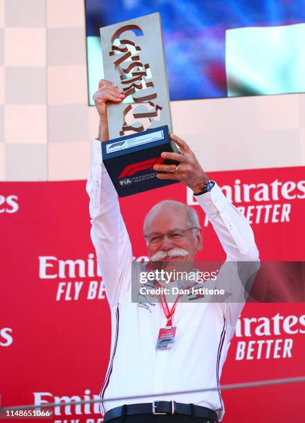 Head of Mercedes Dieter Zetsche celebrates on the podium during the F1 Grand Prix of Spain at Circuit de Barcelona-Catalunya on May 12, 2019 in...