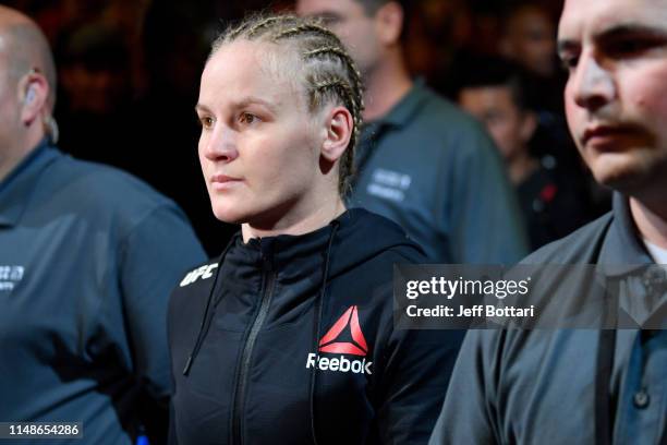 Valentina Shevchenko of Kyrgyzstan prepares to enter the Octagon prior to her women's flyweight championship bout against Jessica Eye during the UFC...