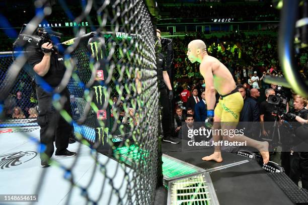 Marlon Moraes of Brazil enters the Octagon prior to his bantamweight championship bout against Henry Cejudo during the UFC 238 event at the United...