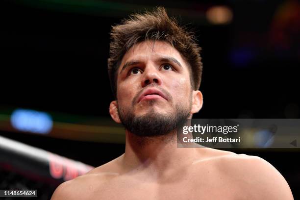 Henry Cejudo stands in his corner prior to his bantamweight championship bout against Marlon Moraes of Brazil during the UFC 238 event at the United...