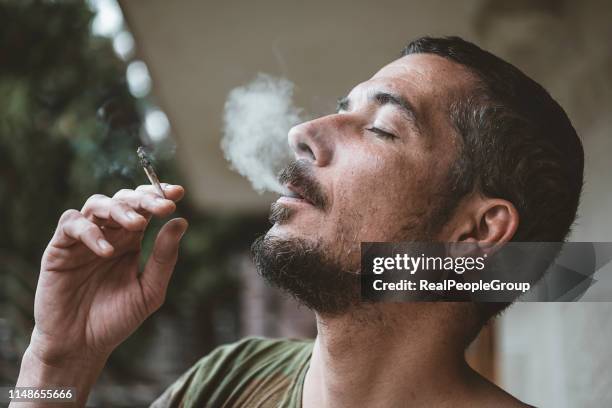 de bebaarde mens die een marihuanaverbinding roken - rookkwestie stockfoto's en -beelden