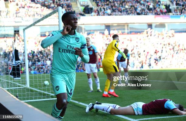 Eddie Nketiah of Arsenal celebrates after scoring his goal during the Premier League match between Burnley FC and Arsenal FC at Turf Moor on May 12,...