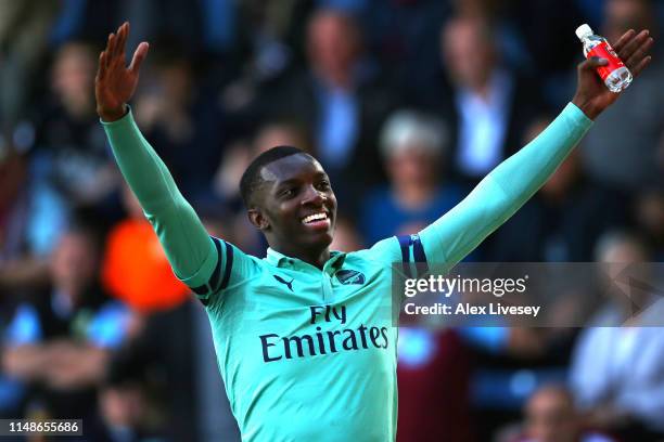 Eddie Nketiah of Arsenal celebrates after scoring his goal during the Premier League match between Burnley FC and Arsenal FC at Turf Moor on May 12,...