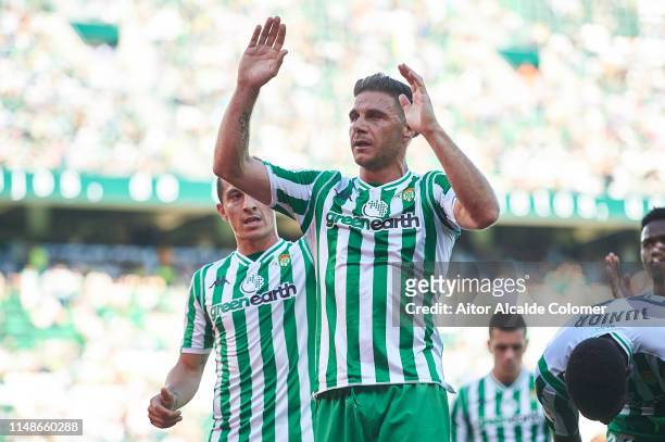 Joaquin Sanchez of Real Betis Balompie celebrates after scoring during the La Liga match between Real Betis Balompie and SD Huesca at Estadio Benito...