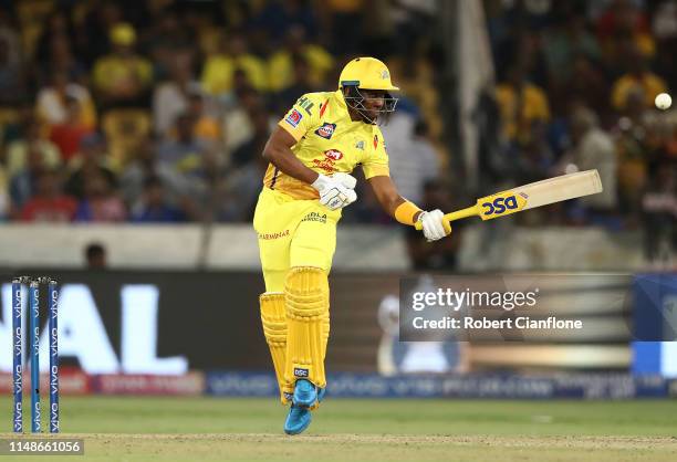 Dwayne Bravo of the Chennai Super Kings bats during the Indian Premier League Final match between the the Mumbai Indians and Chennai Super Kings at...