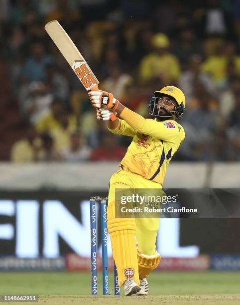 Ravindra Jadeja of the Chennai Super Kings bats during the Indian Premier League Final match between the the Mumbai Indians and Chennai Super Kings...