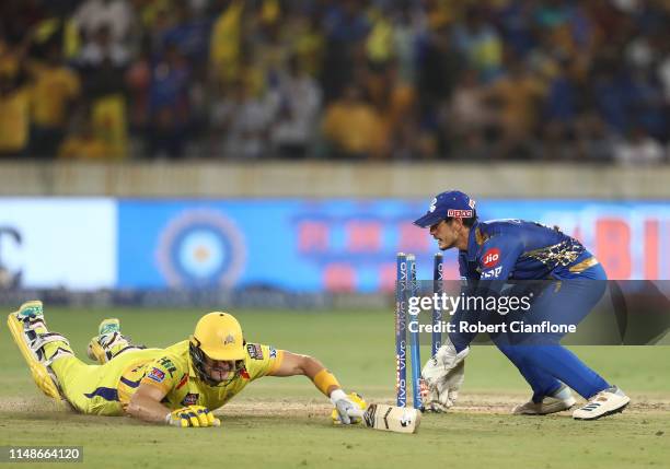 Shane Watson of the Chennai Super Kings is run out during the Indian Premier League Final match between the the Mumbai Indians and Chennai Super...