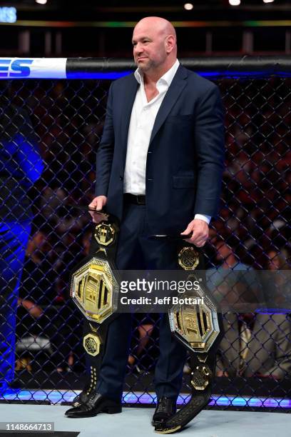 President Dana White holds the Legacy Championship belts during the UFC 238 event at the United Center on June 8, 2019 in Chicago, Illinois.