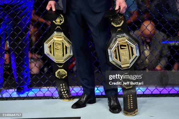 President Dana White holds the Legacy Championship belts during the UFC 238 event at the United Center on June 8, 2019 in Chicago, Illinois.