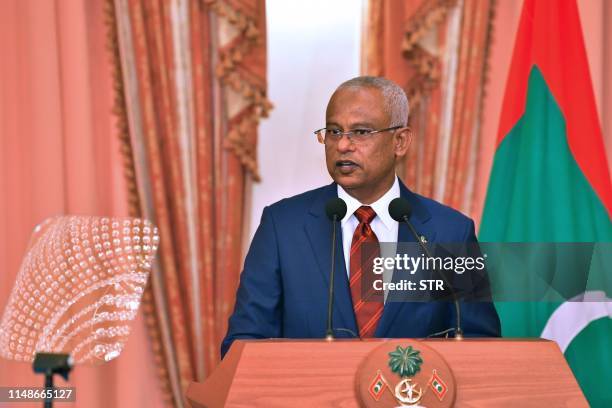 In this picture taken on June 8 President of Maldives Ibrahim Mohamed Solih speaks during Indian Prime Minister Narendra Modi's one-day visit to...