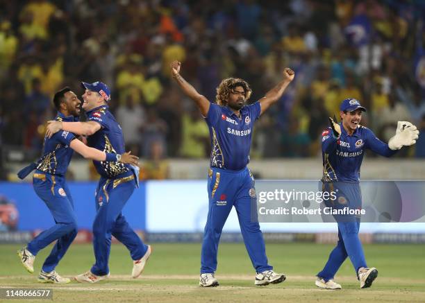 Lasith Malinga of the Mumbai Indians celebrates taking the last wicket to give the Mumbai Indians the win during the Indian Premier League Final...