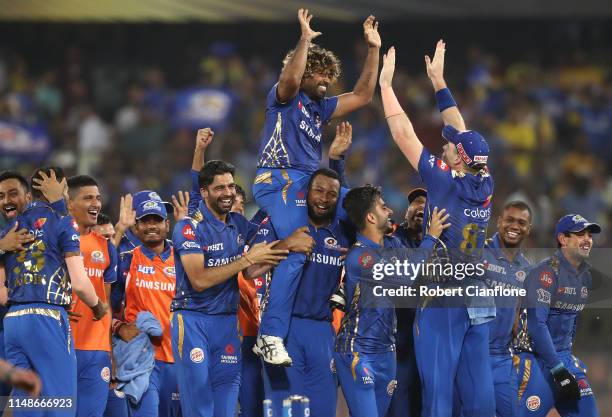 The Mumbai Indians celebrate after they defeated the Chennai Super Kings during the Indian Premier League Final match between the the Mumbai Indians...