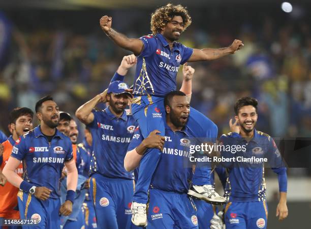 The Mumbai Indians celebrate after they defeated the Chennai Super Kings during the Indian Premier League Final match between the the Mumbai Indians...