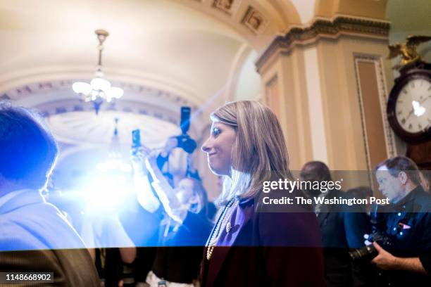 On the 34th day of the partial government shutdown, freshman Representative Katie Hill , president of freshman House leadership, walks to the Senate...