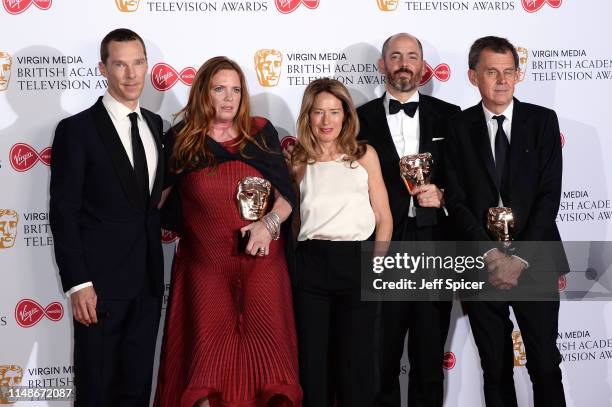 Benedict Cumberbatch and winners of the Mini-Series award for 'Patrick Melrose', Helen Flint, guest, Edward Berger and Michael Jackson pose in the...