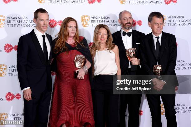 Benedict Cumberbatch and winners of the Mini-Series award for 'Patrick Melrose', Helen Flint, guest, Edward Berger and Michael Jackson pose in the...