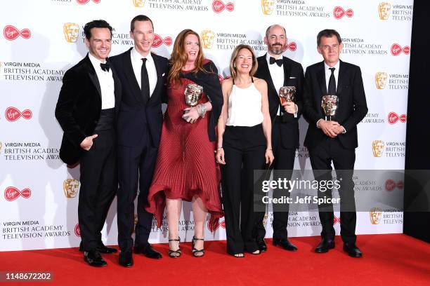 Andrew Scott and Benedict Cumberbatch with winners of the Mini-Series award for 'Patrick Melrose', Helen Flint, guest, Edward Berger and Michael...