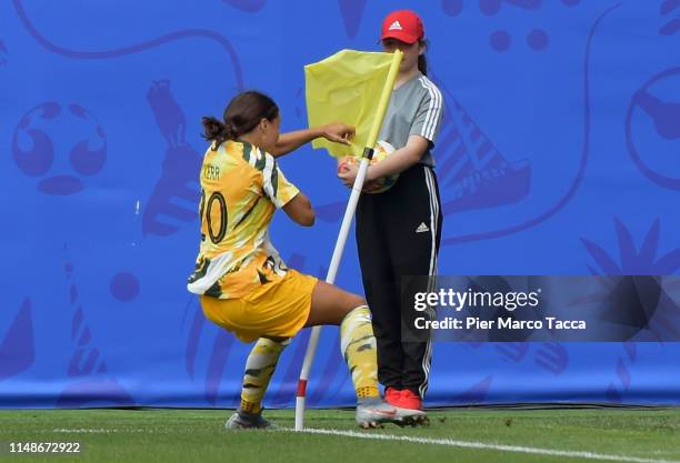 Sam Kerr of Australia Women celebrates her first goal during the 2019 FIFA Women's World Cup France group C match between Australia and Italy at...