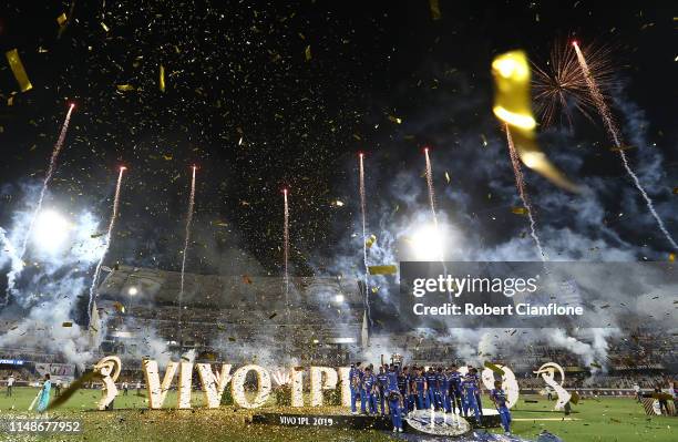 The Mumbai Indians celebrate after they defeated the Chennai Super Kings during the Indian Premier League Final match between the the Mumbai Indians...