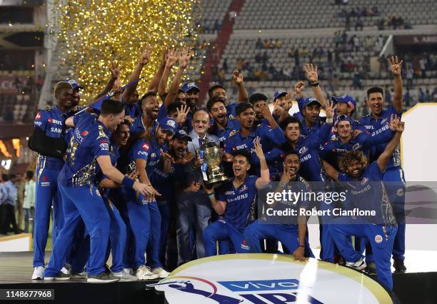 The Mumbai Indians celebrate after they defeated the Chennai Super Kings during the Indian Premier League Final match between the the Mumbai Indians...