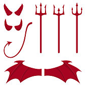 Set of devil elements isolated on white background. Red horns, tridents, wings, tail. Clean and modern vector illustration for design.