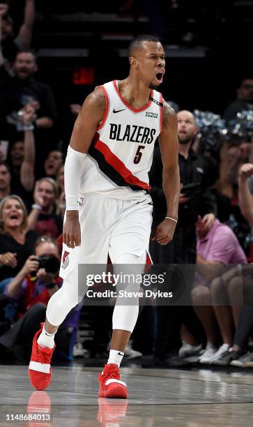 Rodney Hood of the Portland Trail Blazers reacts after hitting a shot during the second half of Game Six of the Western Conference Semifinals Denver...