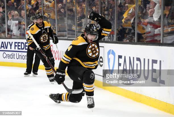 Jake DeBrusk of the Boston Bruins celebrates scoring a first period goal against the Carolina Hurricanes in Game Two of the Eastern Conference Final...
