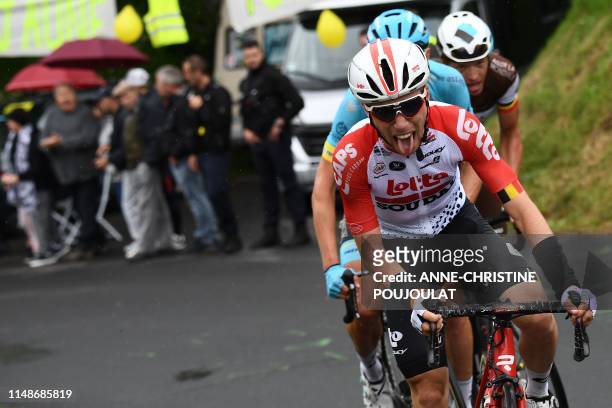 Lotto Soudal rider Belgium's Bjorg Lambrecht leads a breakaway during the first stage of the 71st edition of the Criterium du Dauphine cycling race,...