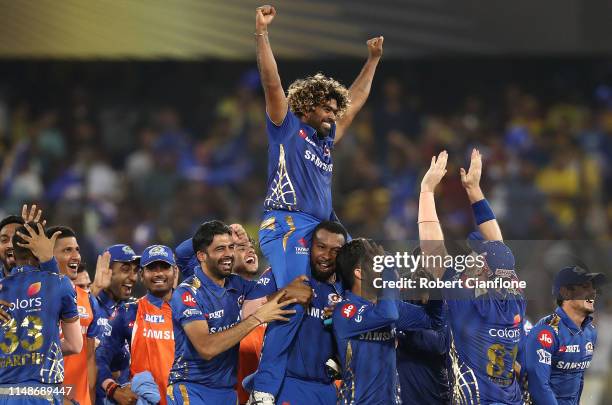 The Mumbai Indians celebrate after they defeated the Chennai Super Kings during the Indian Premier League Final match between the the Mumbai Indians...