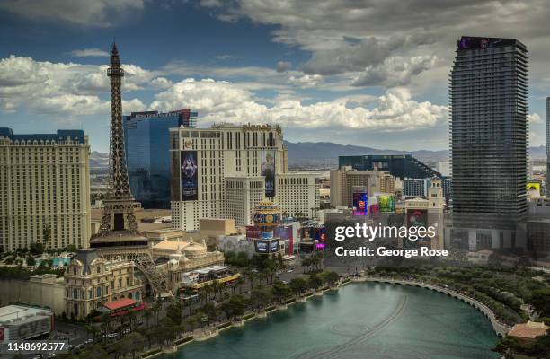 The Bellagio Hotel & Casino water fountain lagoon is viewed from Caesars Palace Hotel & Casino on May 8, 2019 in Las Vegas, Nevada. As temperatures...