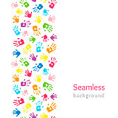 Colored hands on white. Seamless vertical border made of handprints. Endless colorful background. Vector illustration