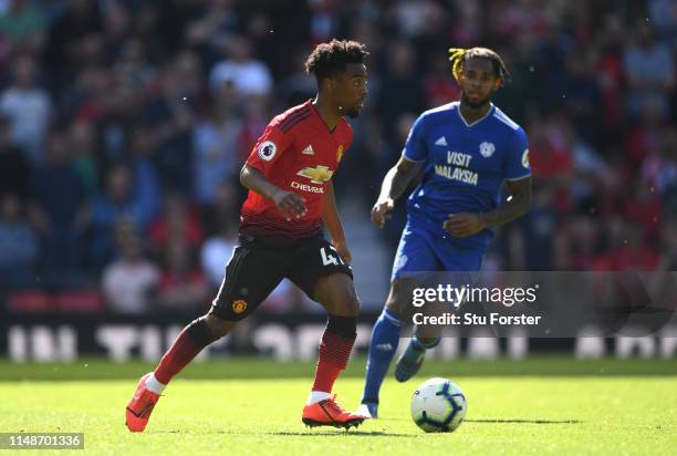 United player Angel Gomes in action during the Premier League match between Manchester United and Cardiff City at Old Trafford on May 12, 2019 in...