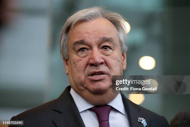 United Nations Secretary-General Antonio Guterres speaks to media after meeting with climate and environmental change youth leaders and Climate...