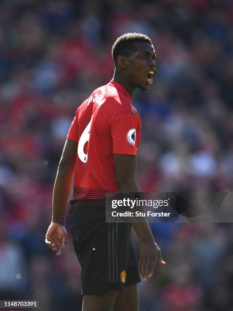 United player Paul Pogba reacts during the Premier League match between Manchester United and Cardiff City at Old Trafford on May 12, 2019 in...