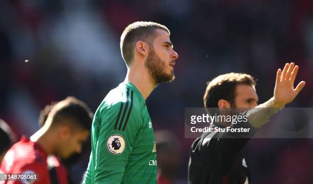 United goalkeeper David De Gea reacts after the Premier League match between Manchester United and Cardiff City at Old Trafford on May 12, 2019 in...
