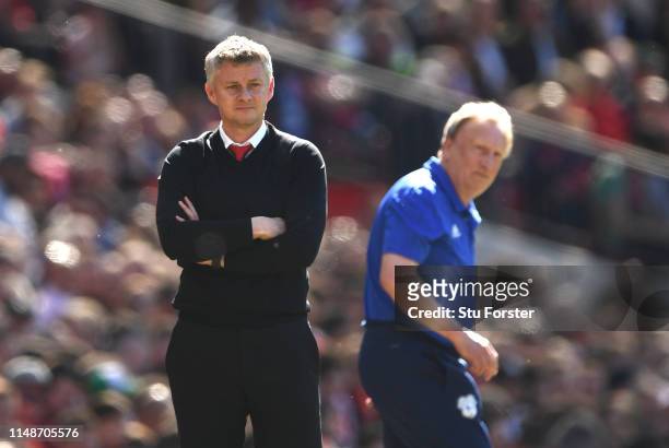 United manager Ole Gunnar Solskjaer reacts on the touchline as Cardiff manager Neil Warnock looks on during the Premier League match between...