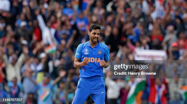 Bhuvneshwar Kumar of India celebrates taking the wicket of Marcus Stoinis of Australia during the Group Stage match of the ICC Cricket World Cup 2019...