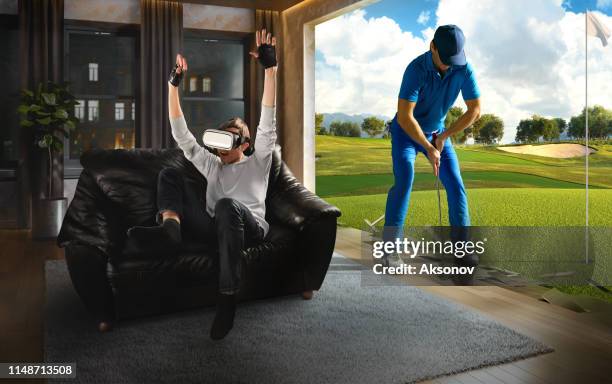 man in vr glasses. virtual reality with golf - golf simulator stock pictures, royalty-free photos & images